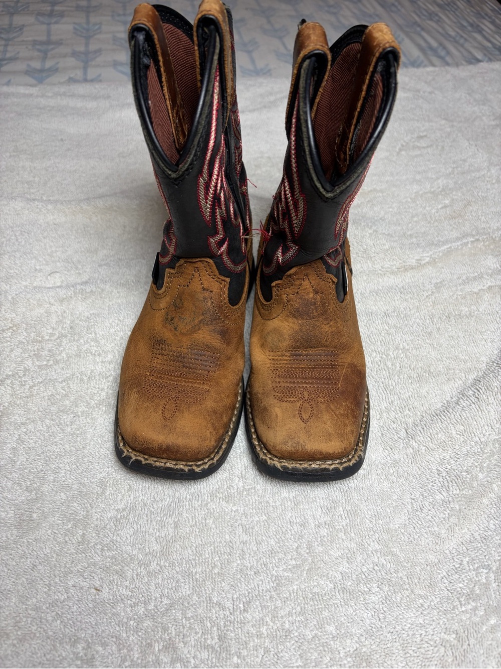 Justin Boots Kids Tan and Black Western Boots with Red Stitching